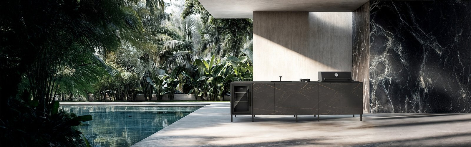 Modern stainless steel outdoor kitchen with built-in grill and bar counter